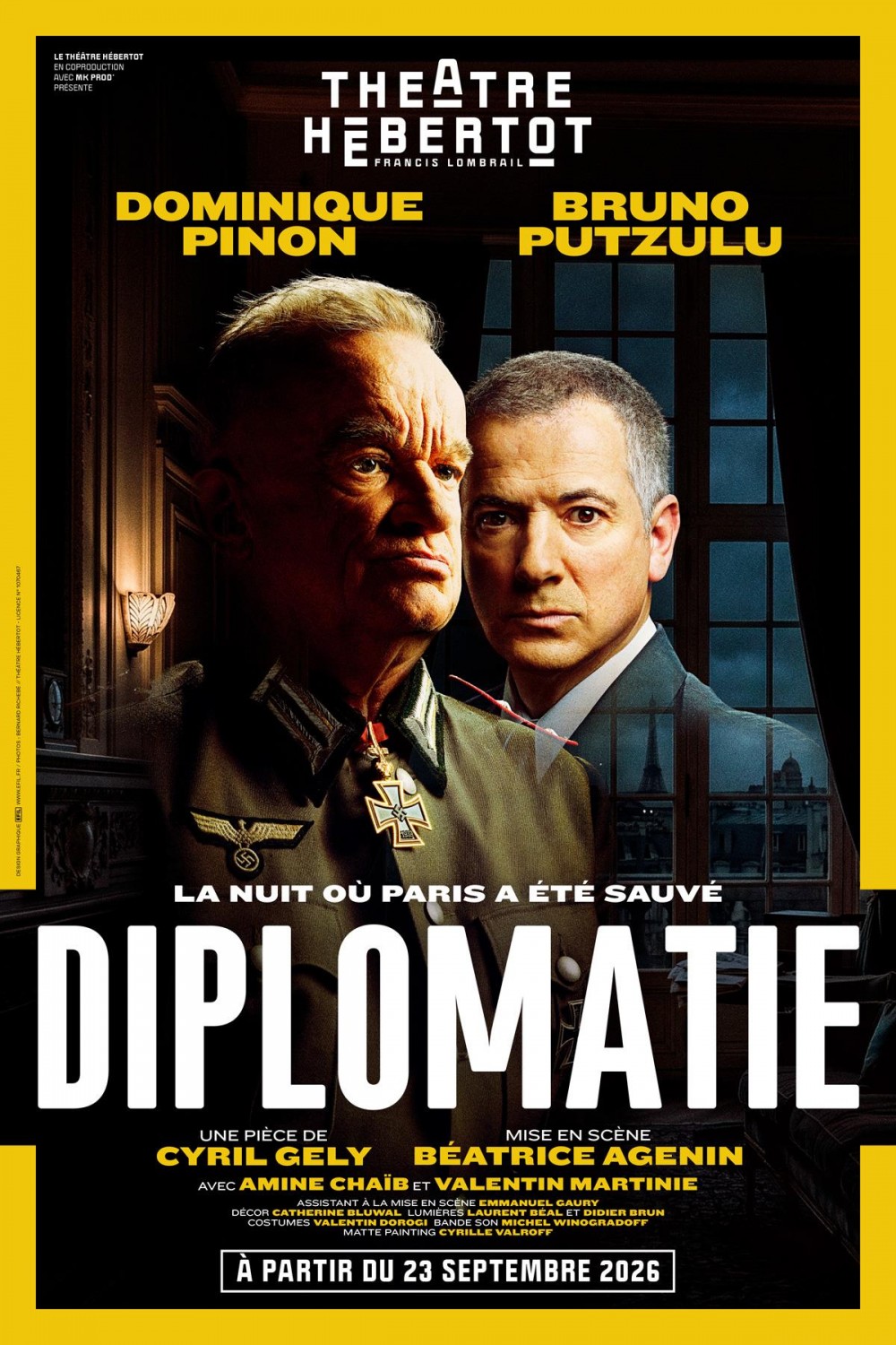 Affiche de Diplomatie de Cyril Gely au Théâtre Hébertot, avec Dominique Pinon et Bruno Putzulu